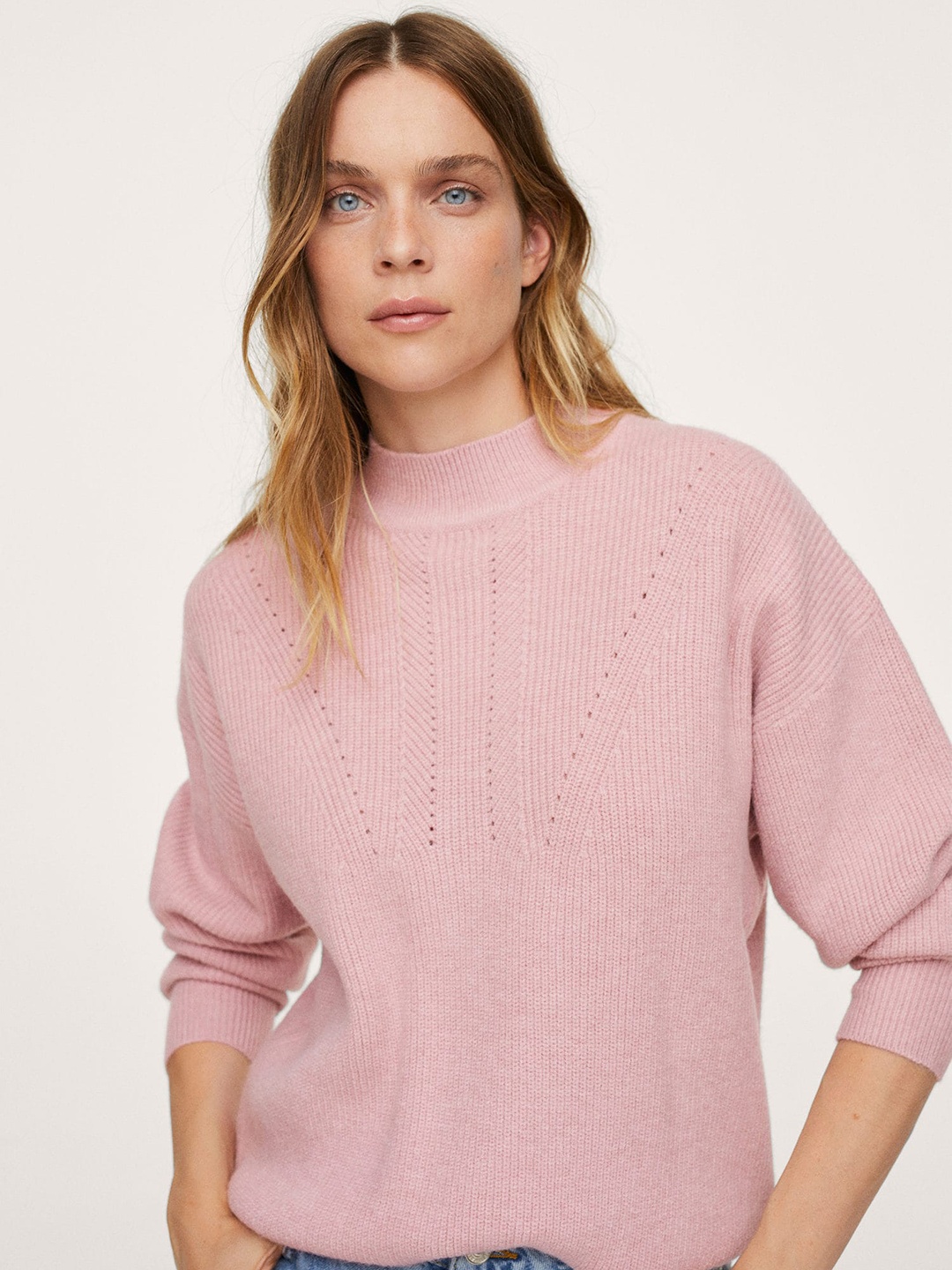 

MANGO Women Pink Ribbed Pullover Sweater