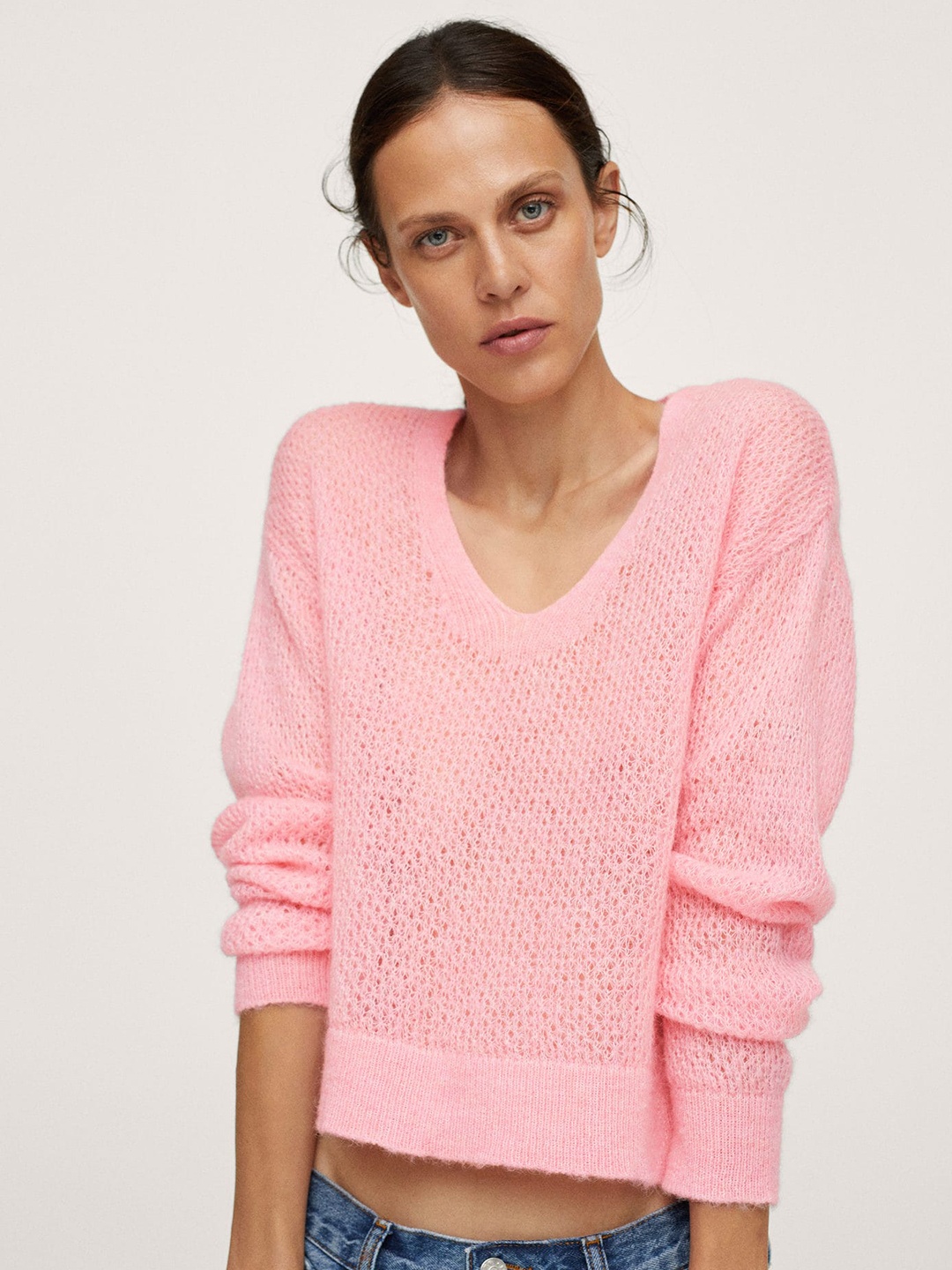 

MANGO Women Pink Solid Open Knit Pullover