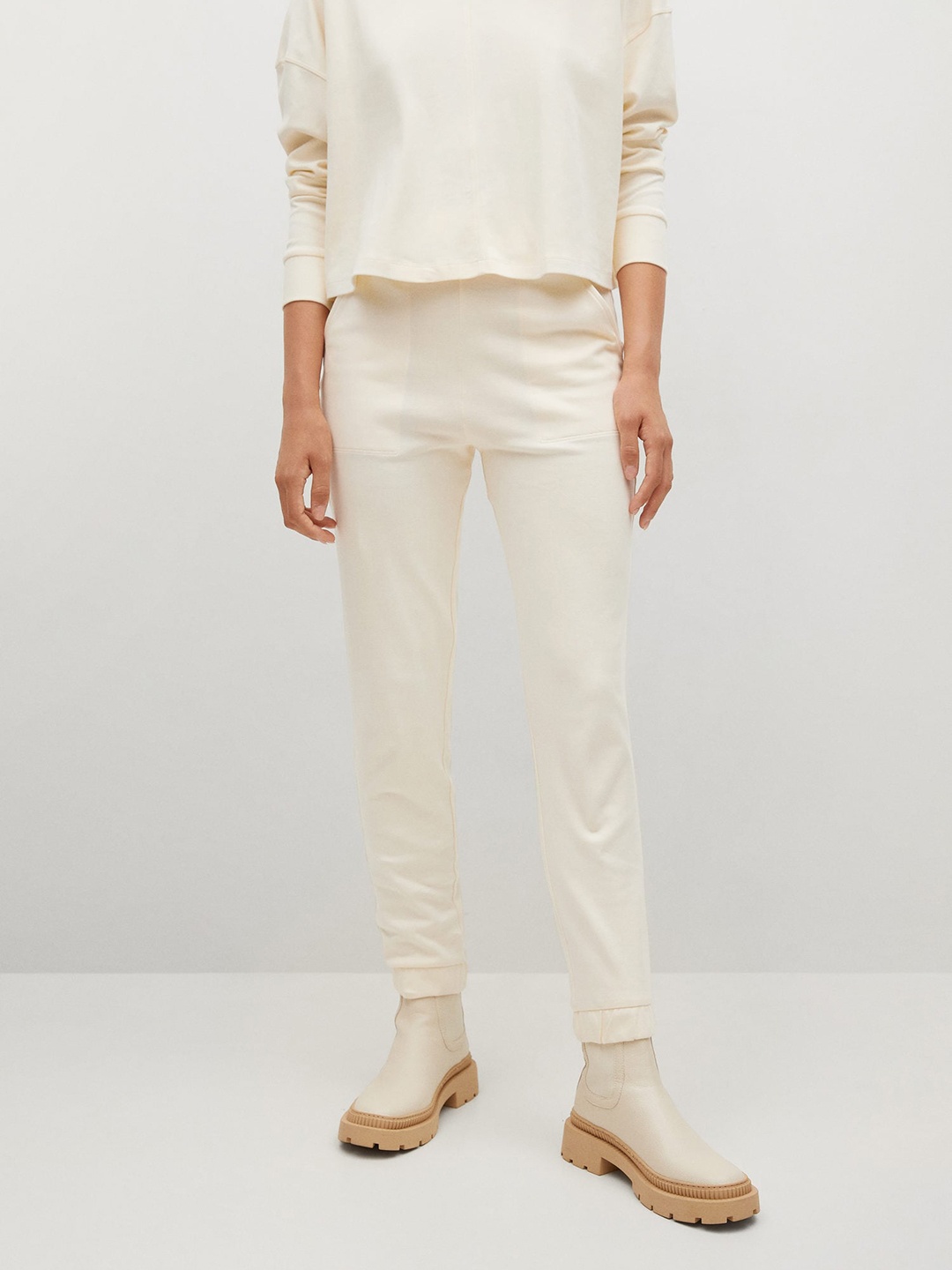 MANGO Women Cream-Coloured Solid Pure Cotton Joggers Trousers
