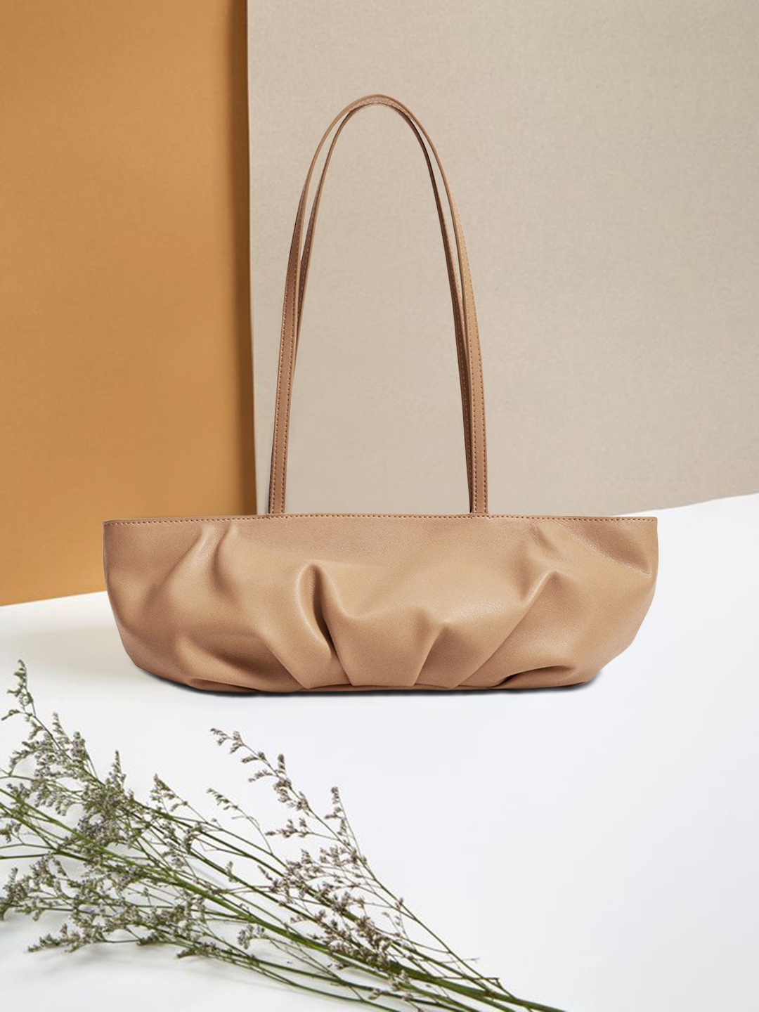 

MANGO Women Beige Ruched Structured Baguette Shoulder Bag