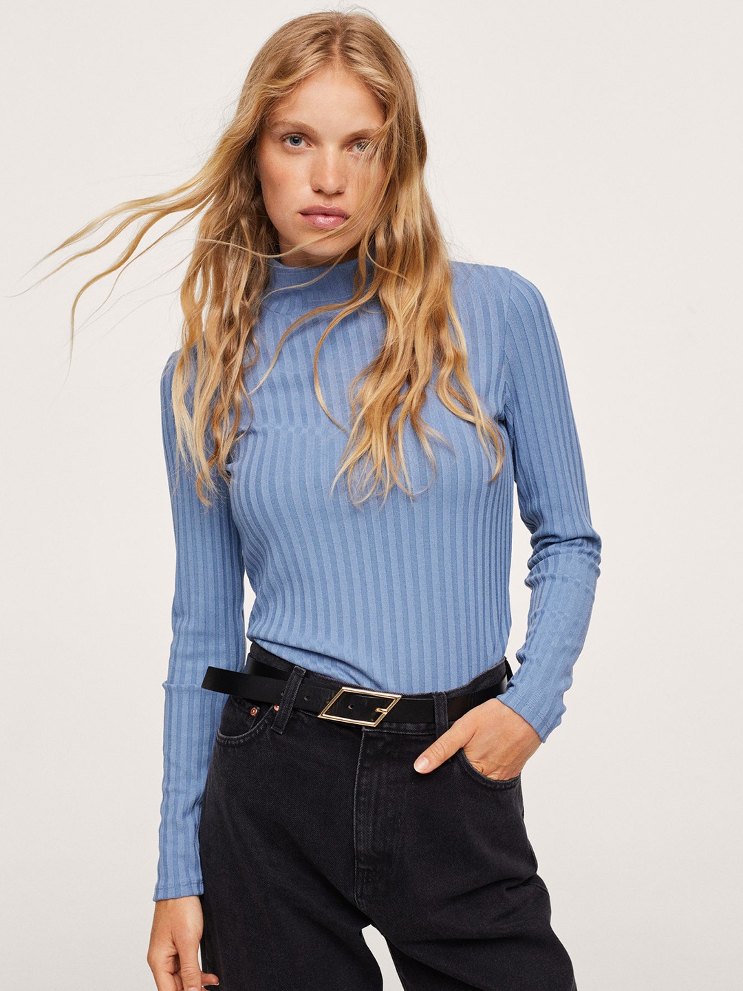 

MANGO Blue Self-Striped Fitted Top