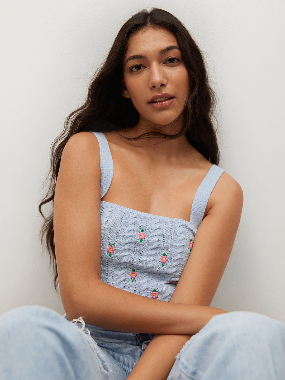 

MANGO Women Blue Self Design Regular Crop Top
