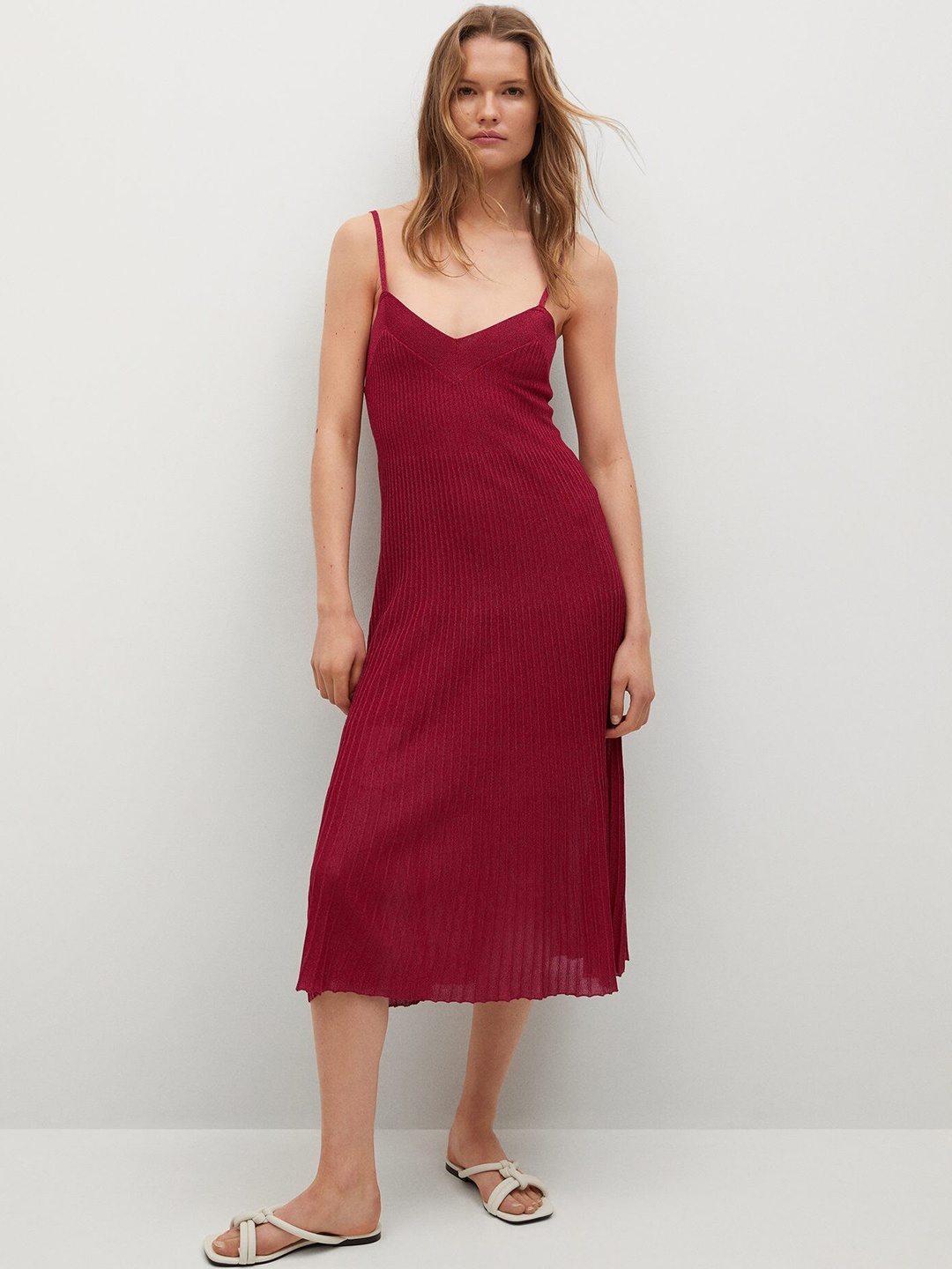 

MANGO Maroon Ribbed A-Line Midi Slip Dress