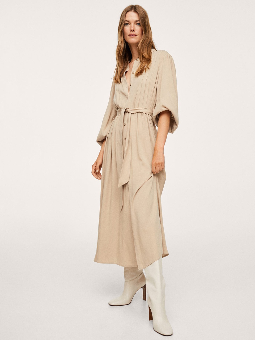 

MANGO Beige Solid Maxi Shirt Dress with Belt