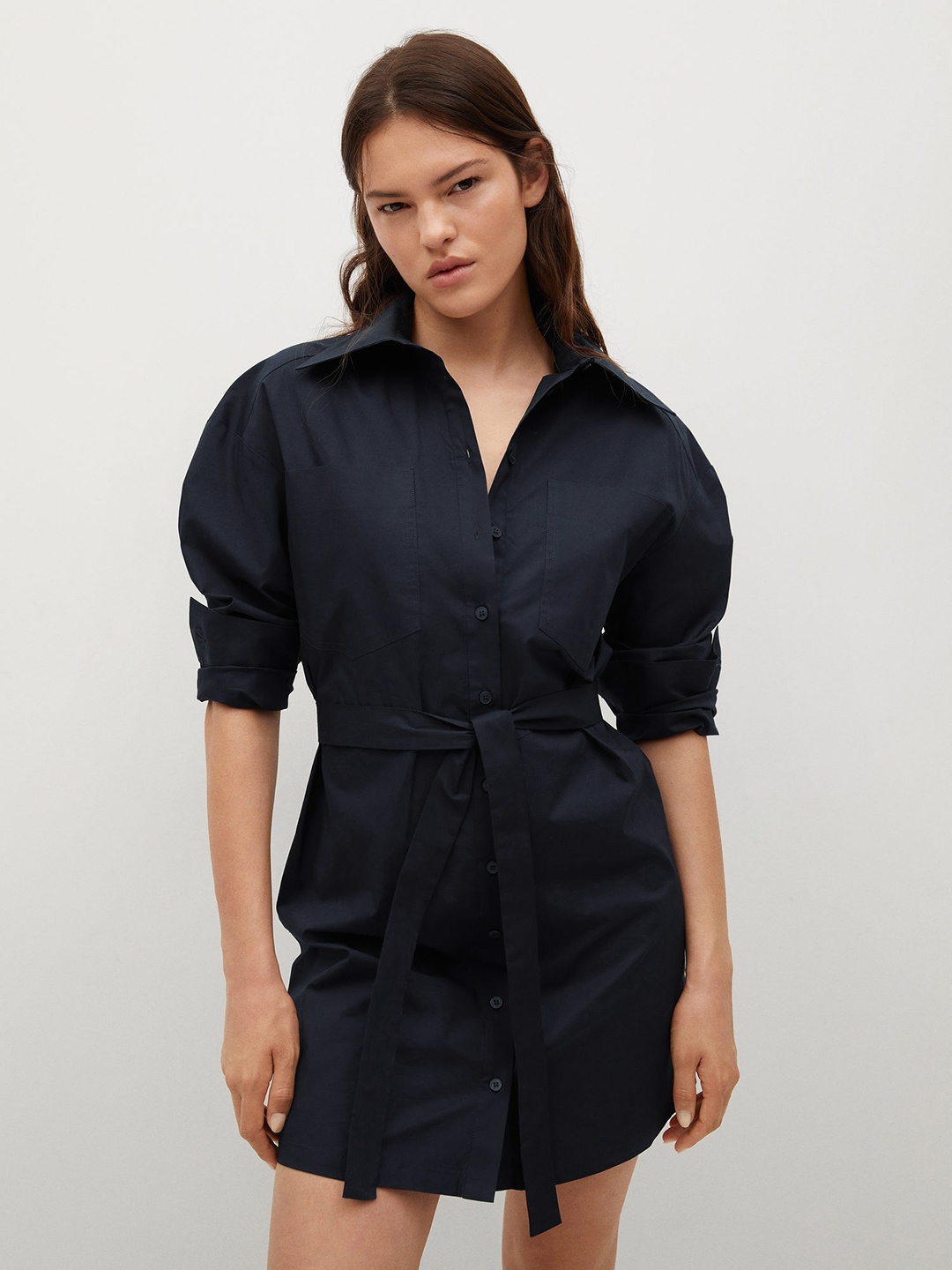 

MANGO Navy Blue Solid Shirt Mini Dress with Belt