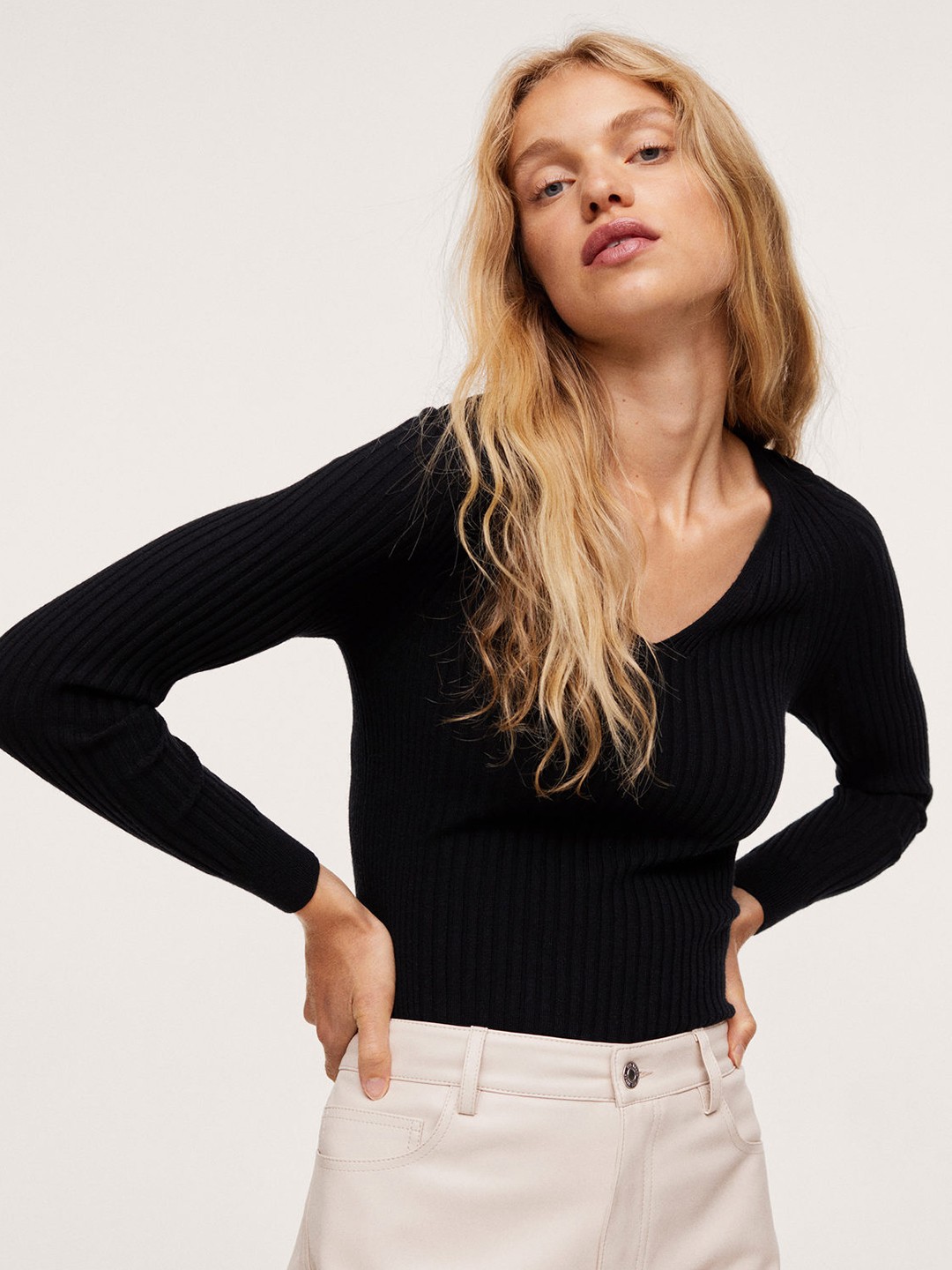 

MANGO Women Black Ribbed Pullover