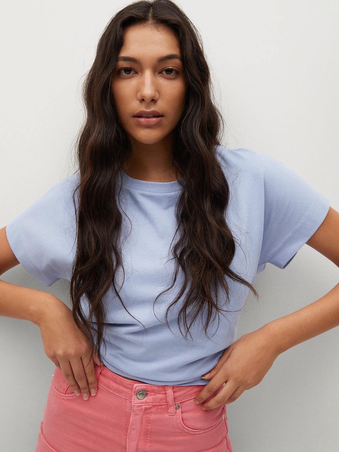 

MANGO Women Blue Solid Extended Sleeves Pure Cotton T-shirt