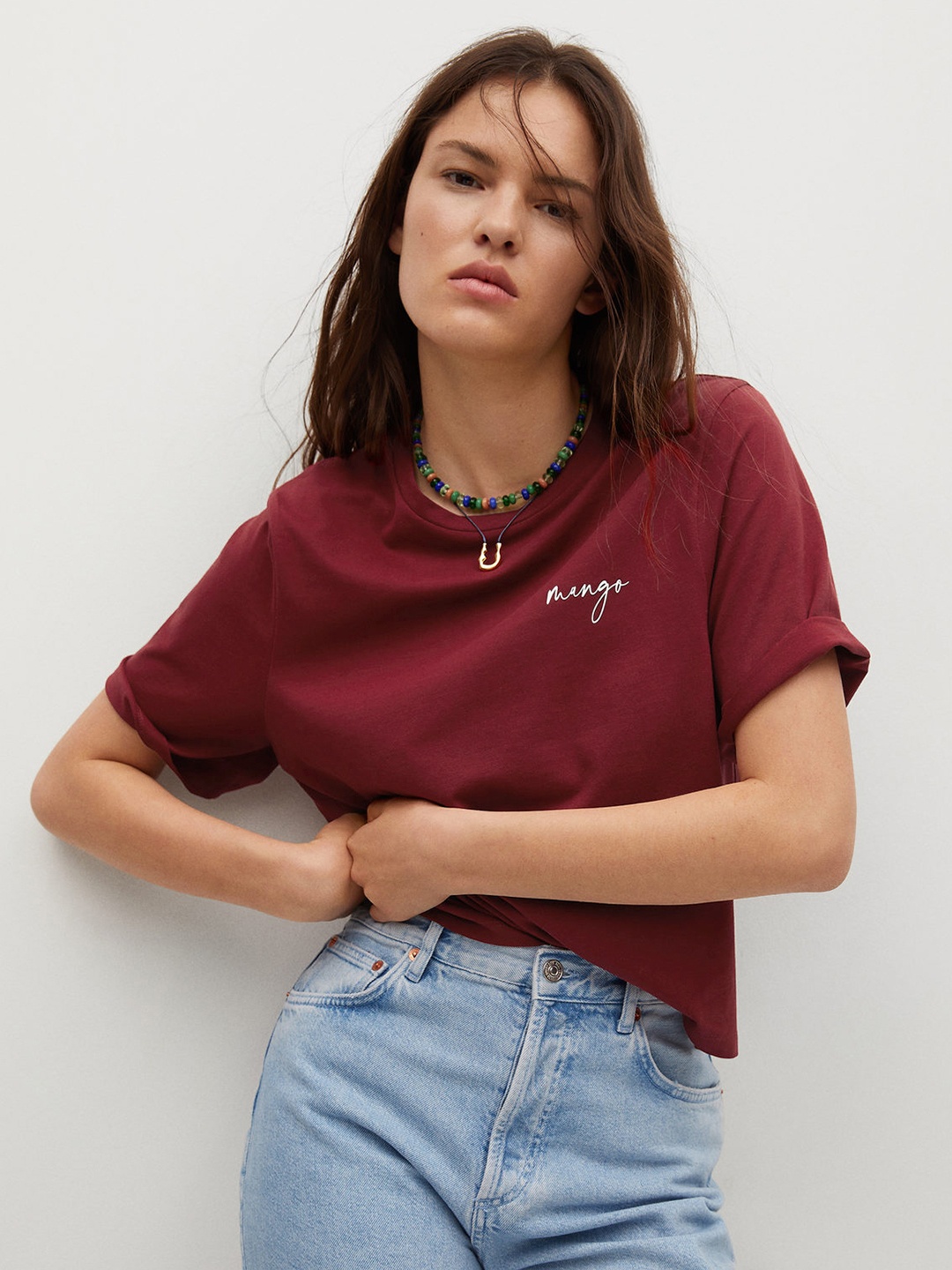 

MANGO Women Maroon Brand Logo Printed Extended Sleeves T-shirt