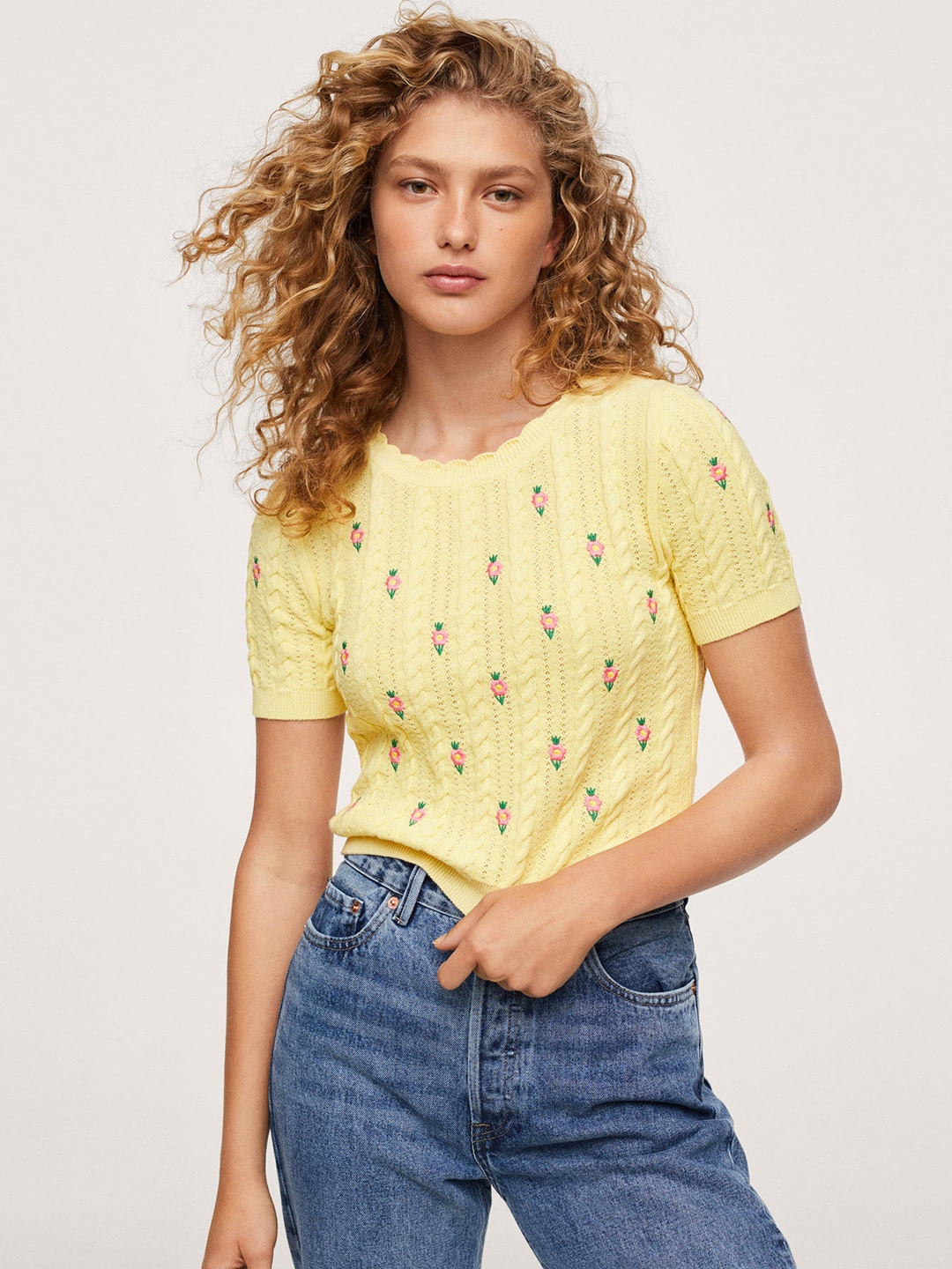 

MANGO Women Yellow & Pink Floral Embroidered Cable Knit Pullover