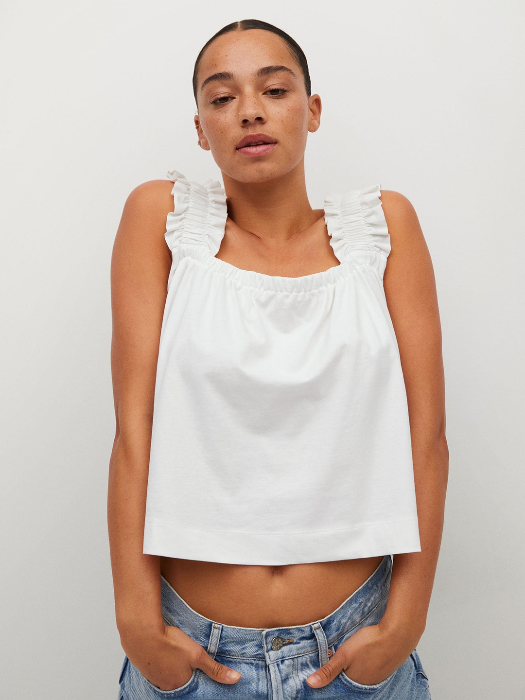 

MANGO White Ruffles Regular Top