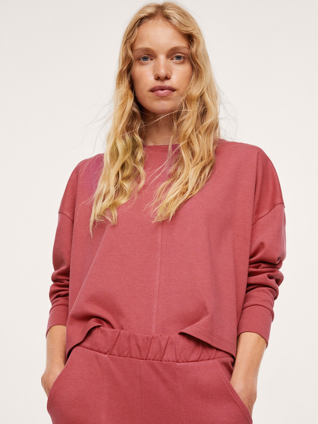 

MANGO Women Pink Solid Pure Cotton Sweatshirt