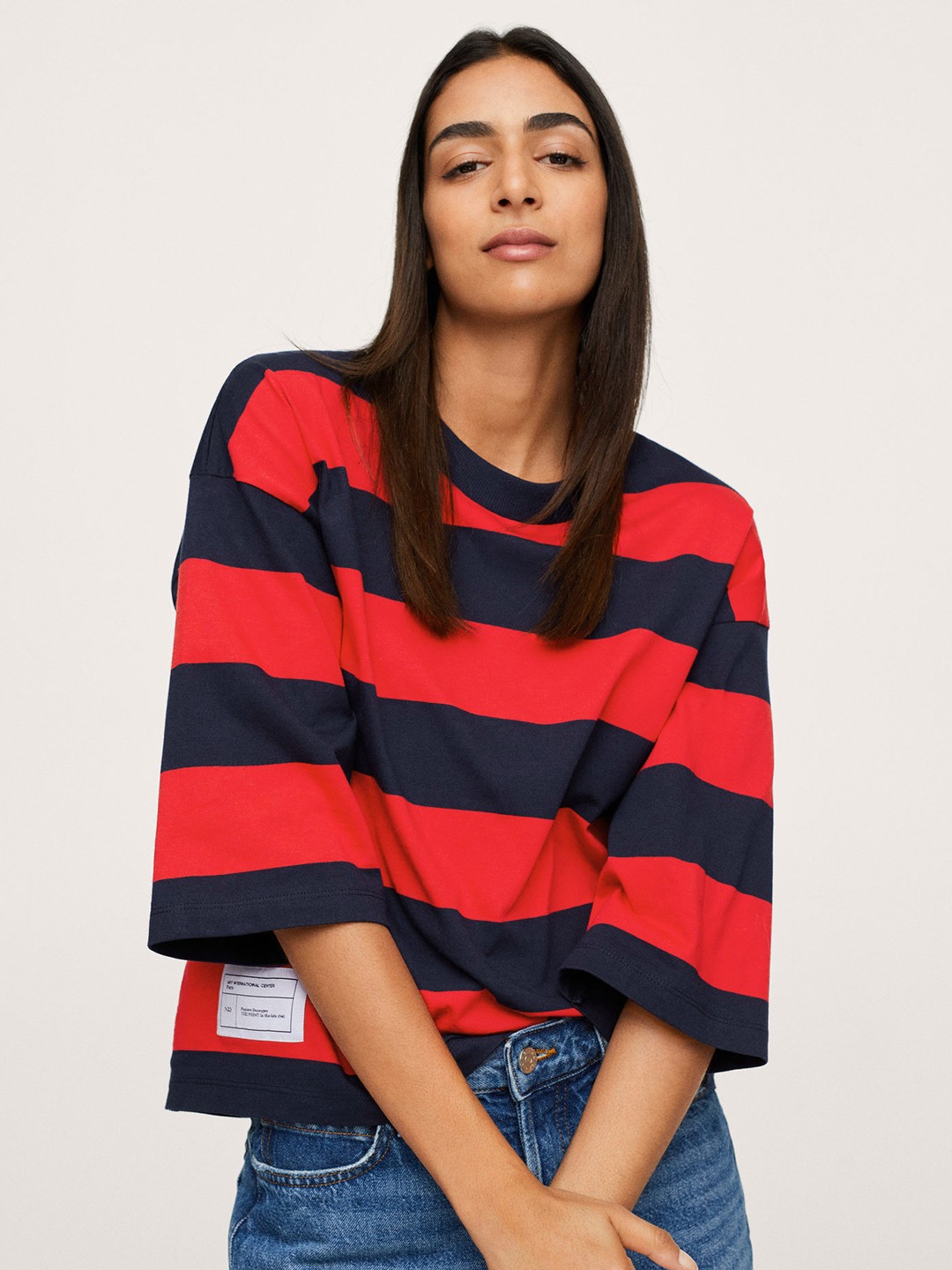 

MANGO Women Red Navy Blue Striped Pure Cotton Drop-Shoulder Sleeves Pure Cotton T-shirt