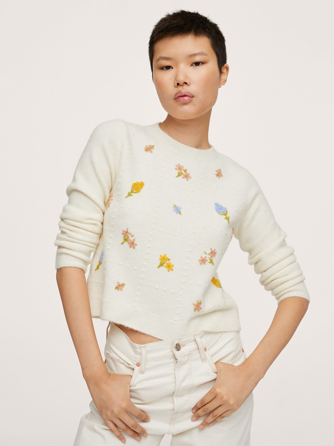 

MANGO Women White Floral Embroidered Pullover
