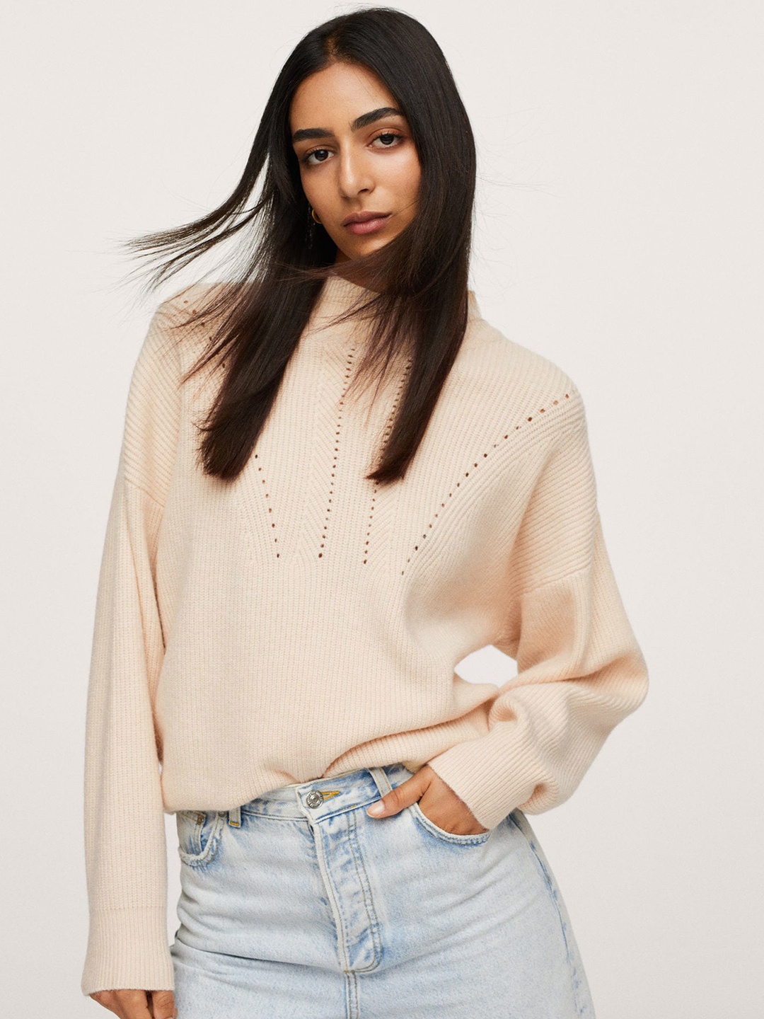 

MANGO Women Cream-Coloured Solid Pullover