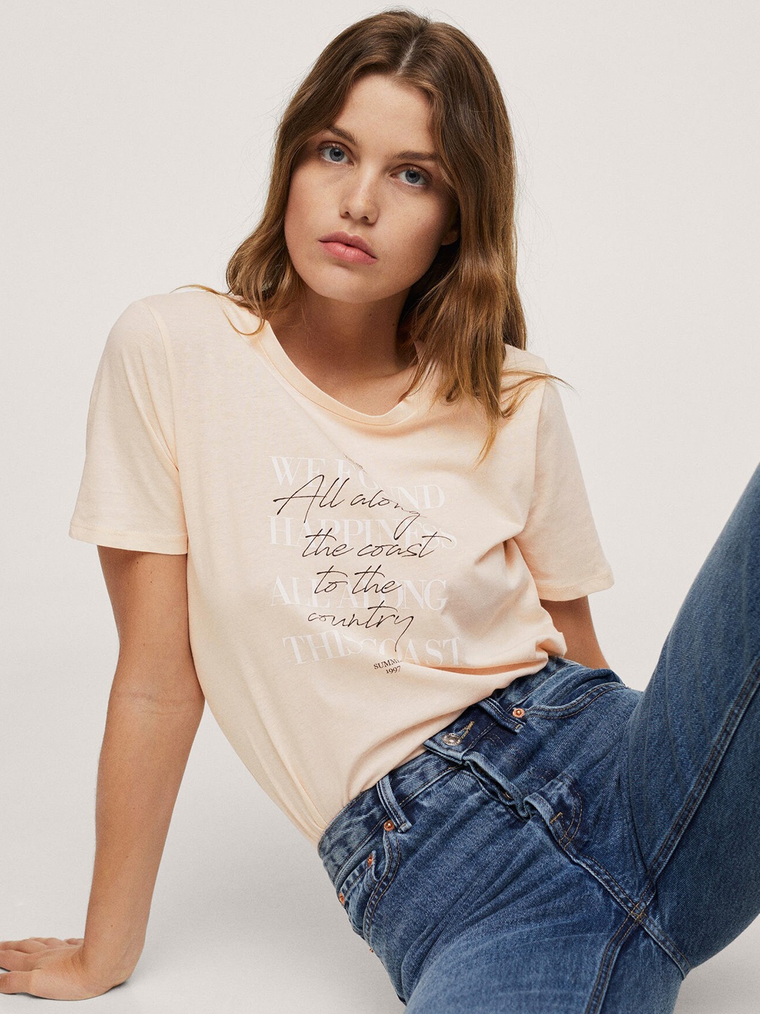 

MANGO Women Pink Black Typography Printed Pure Cotton T-shirt