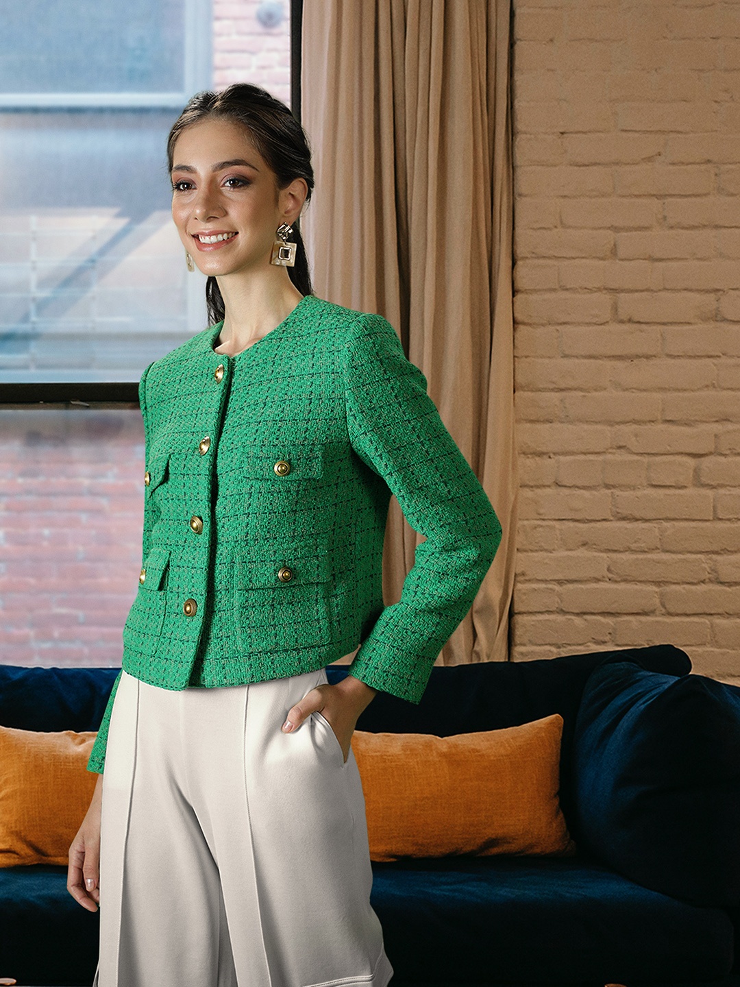 

MANGO Women Green Checked Tailored Jacket