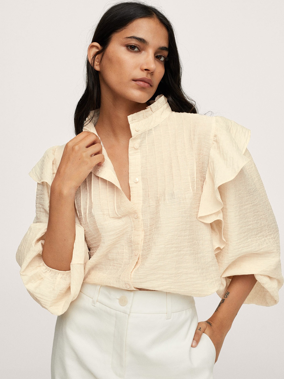 

MANGO Beige Mock Collar Ruffled Victorian Shirt Style Top