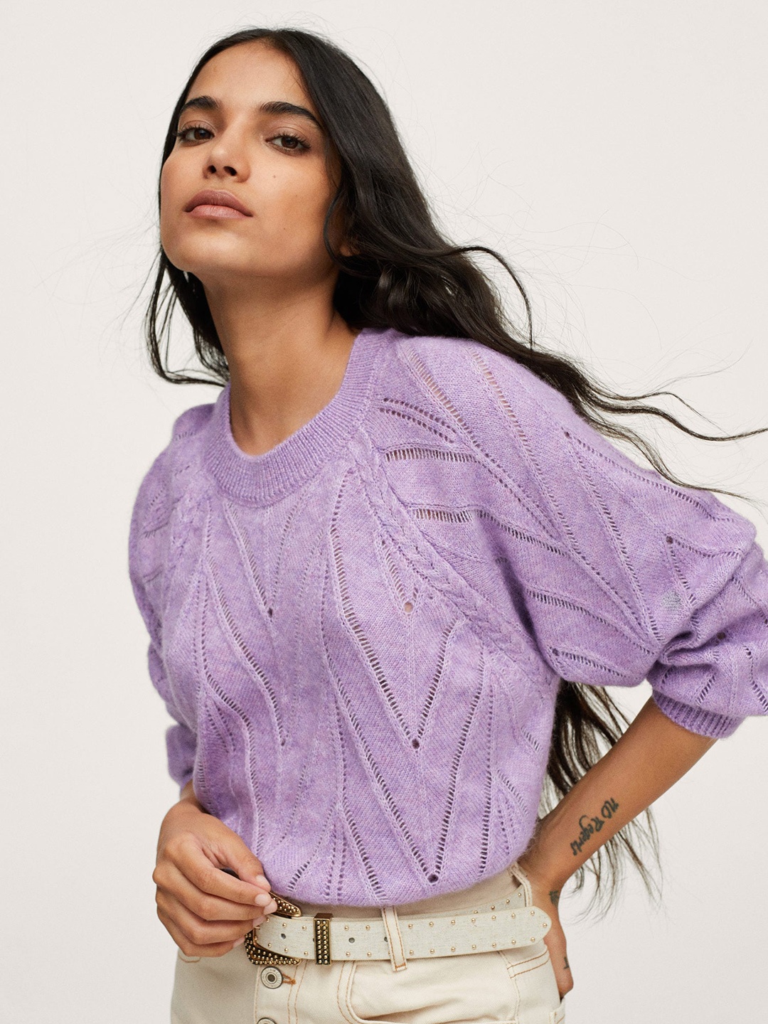 

MANGO Women Lavender Open Knit Pullover Sweater