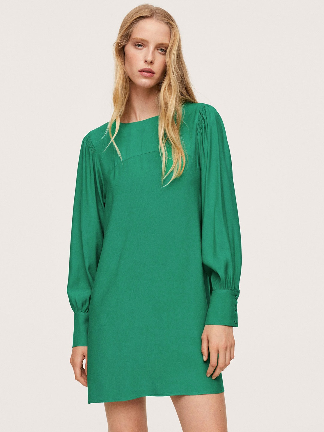 

MANGO Green Solid A-Line Dress