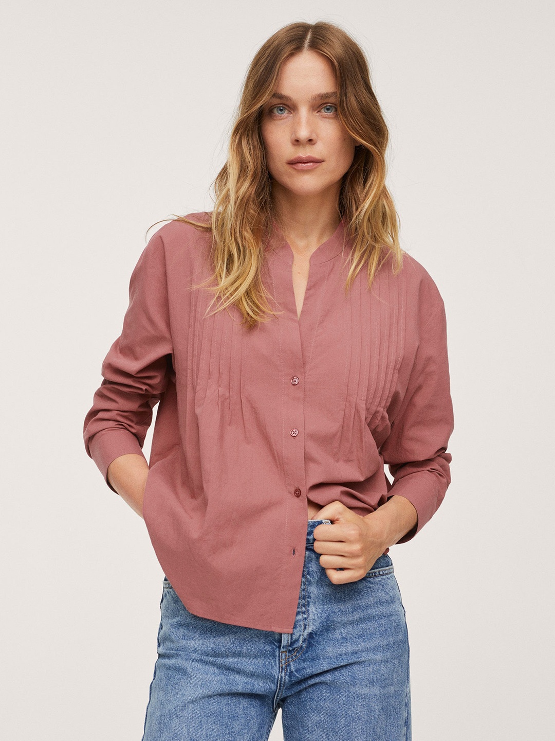 

MANGO Women Dusty Pink Pure Cotton Pintucks Solid Casual Shirt