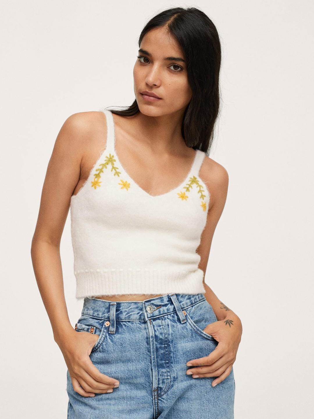 

MANGO Women White & Green Embroidered Crop Top