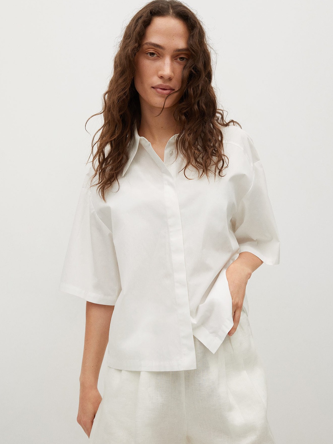 

MANGO Women White Pure Cotton Solid Casual Shirt