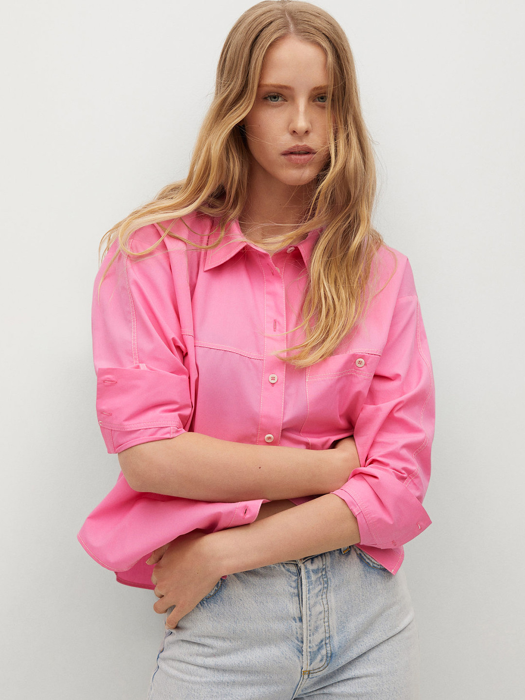 

MANGO Women Pink Pure Cotton Solid Casual Shirt