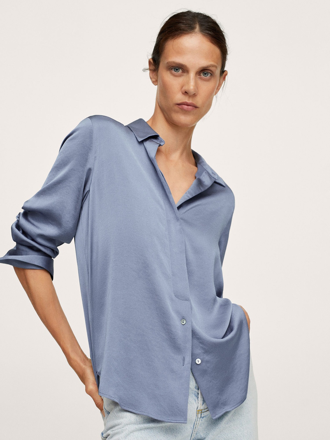 

MANGO Women Blue Solid Satin Finish Casual Shirt