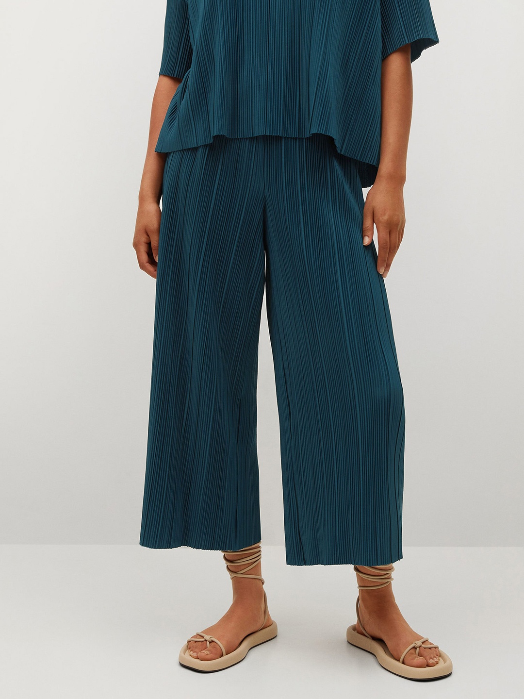 

MANGO Women Teal Blue Ribbed Pleated Parallel Trousers