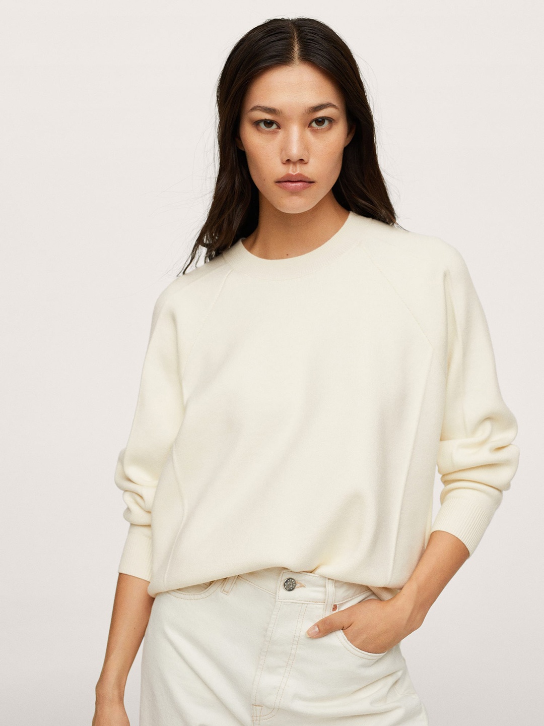 

MANGO Women White Solid Pullover