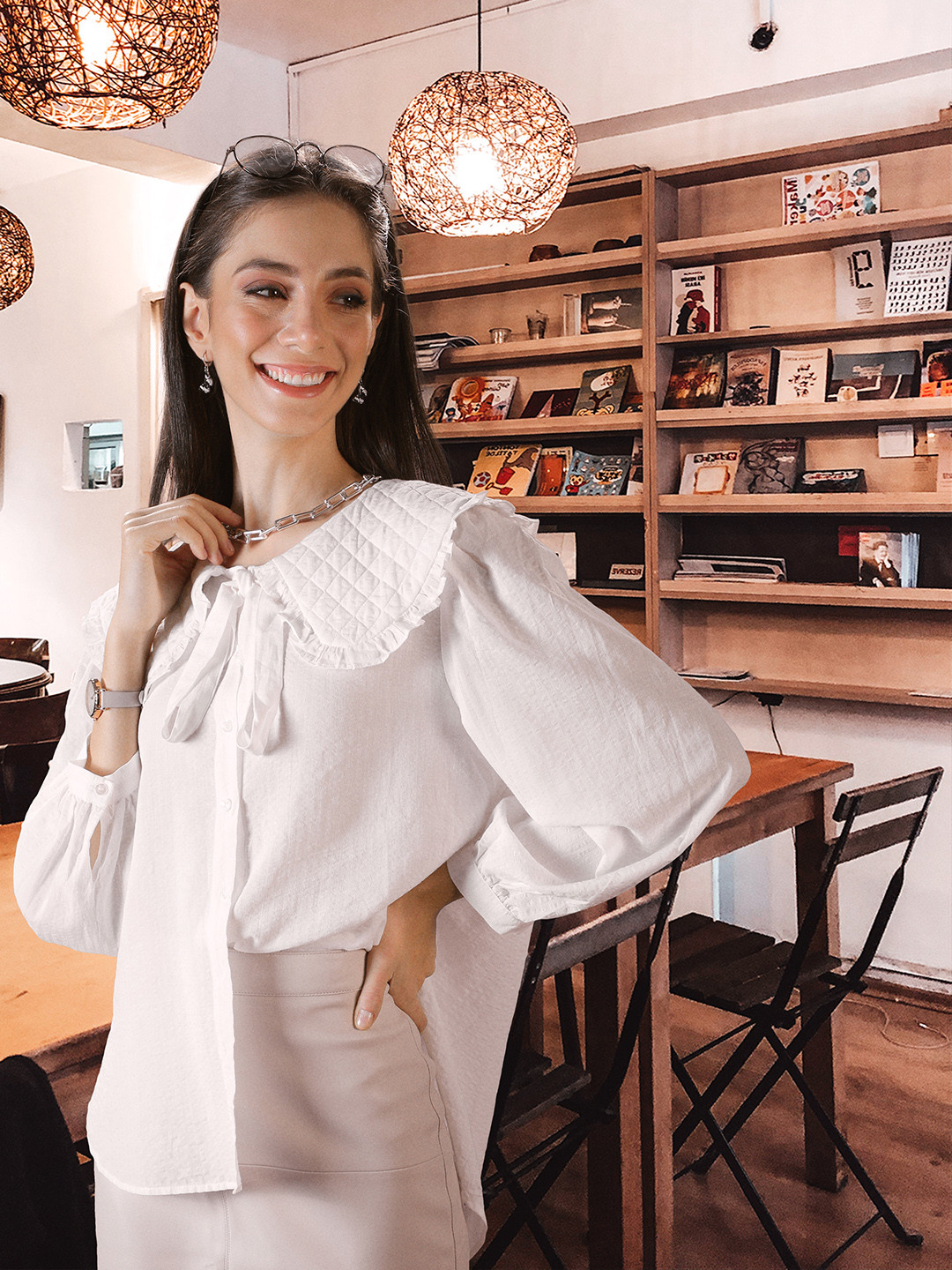 

MANGO White Solid Above The Keyboard Collar Shirt Style Top