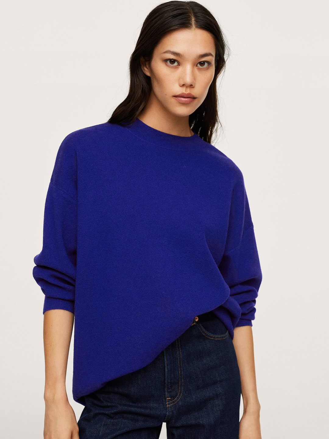 

MANGO Women Navy Blue Solid Longline Pullover
