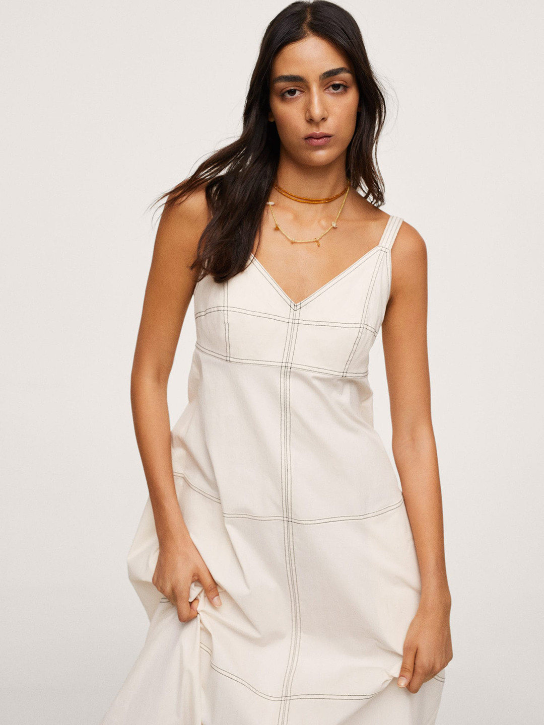 

MANGO Off White & Black Printed A-Line Midi Dress