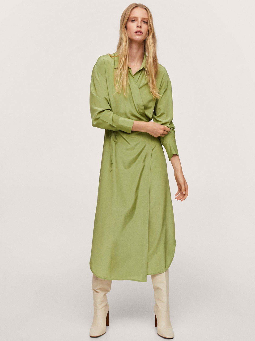 

MANGO Green Wrap Layered Midi Dress