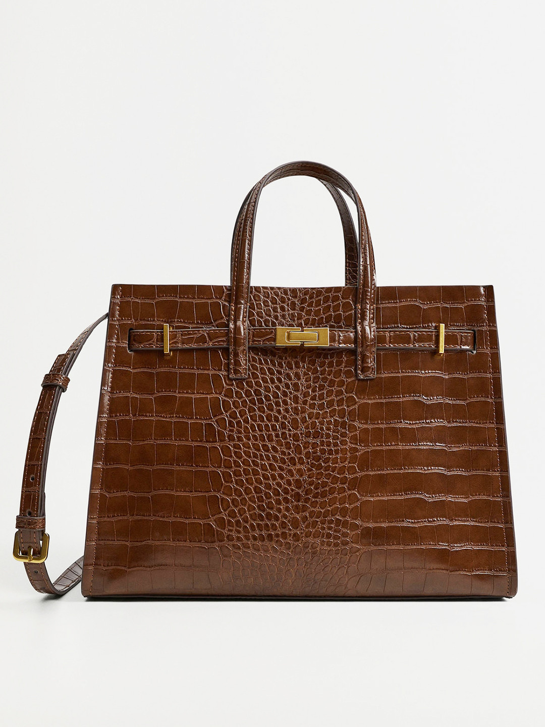 

MANGO Brown Croc Textured Handheld Bag