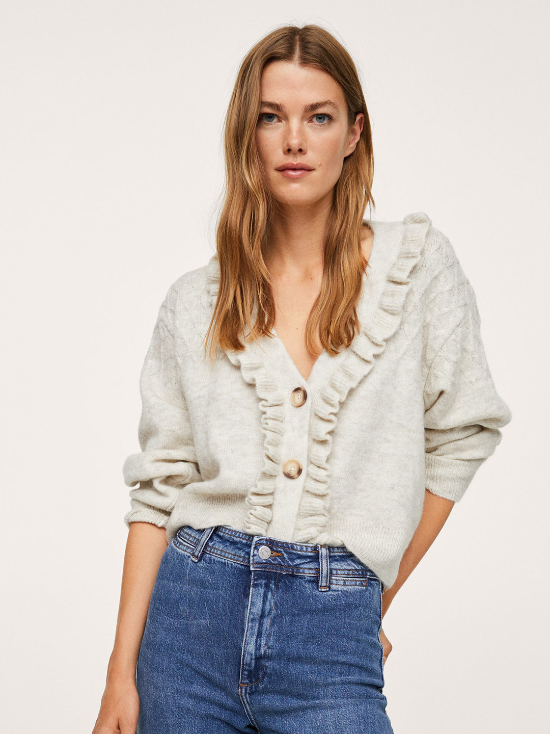 

MANGO Women Grey Melange Cardigan With Ruffle Detail