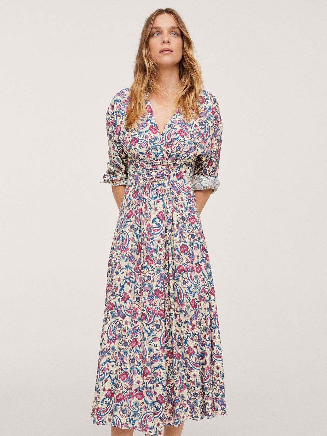 

MANGO Off White & Pink Ethnic Motifs Printed Midi Wrap Dress