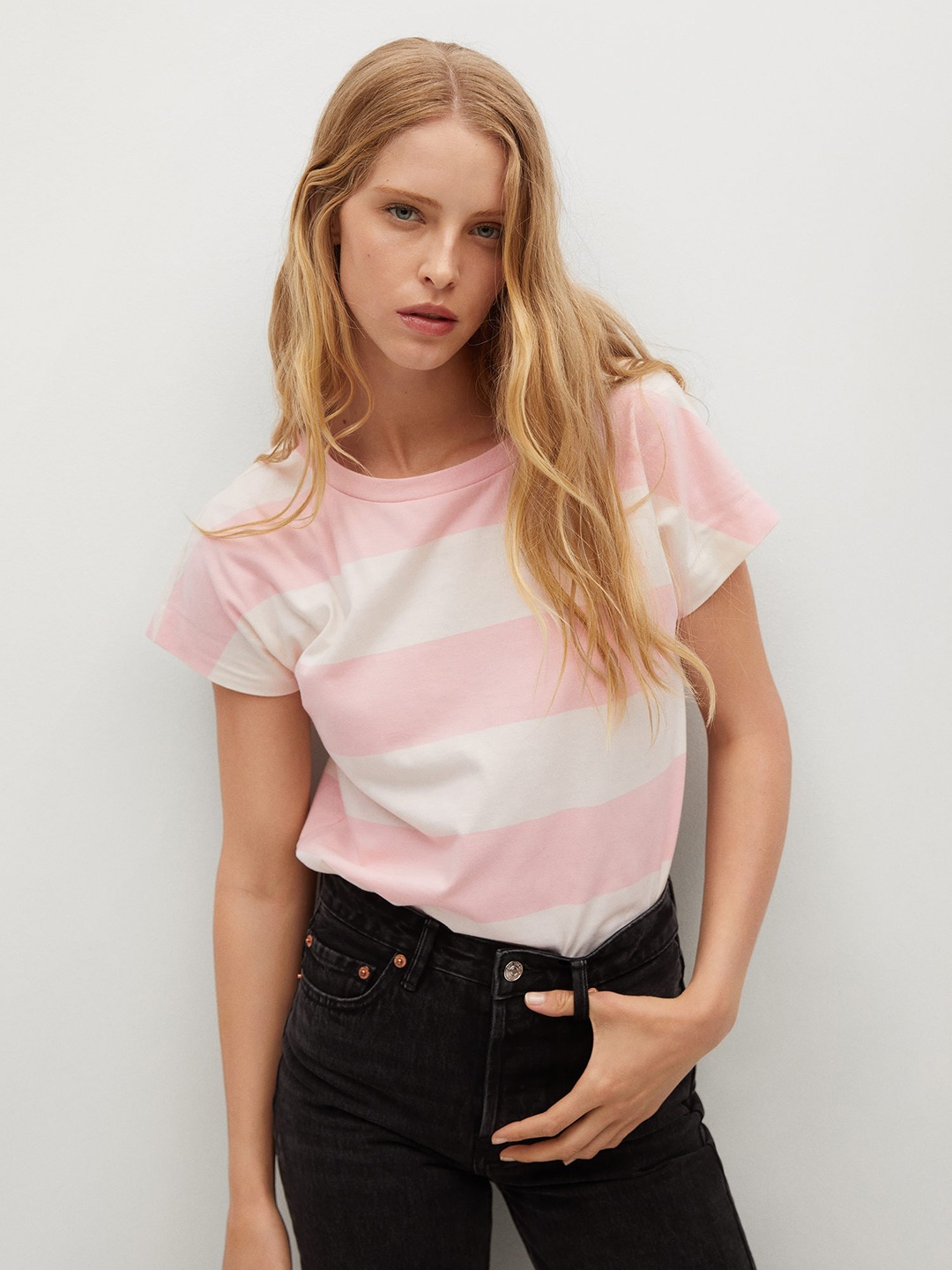 

MANGO Women Pink White Striped Pure Cotton Extended Sleeves Pure Cotton T-shirt