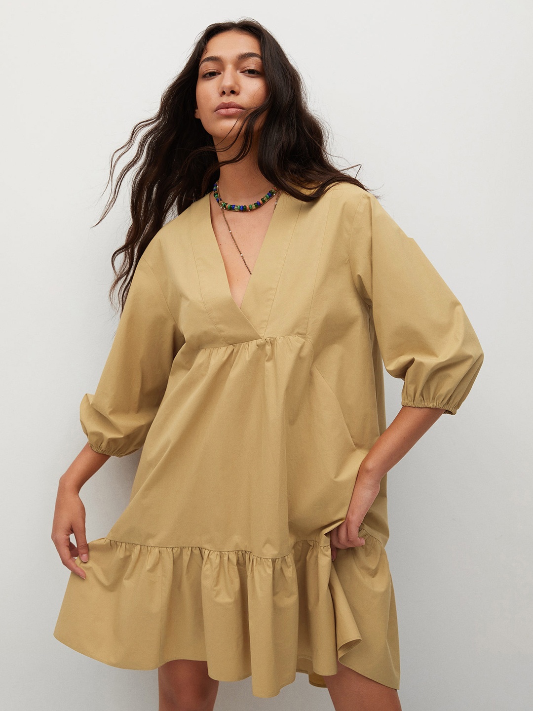 

MANGO Khaki Solid Cotton A-Line Dress