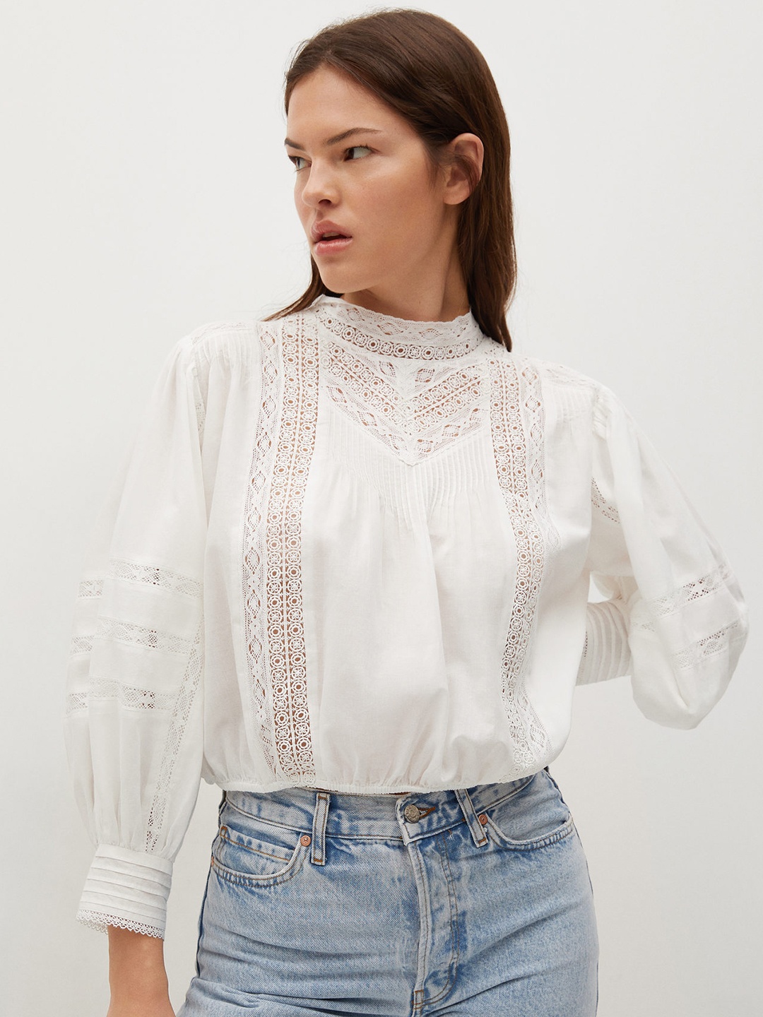 

MANGO Women White Embroidered Pure Cotton Victorian Regular Top