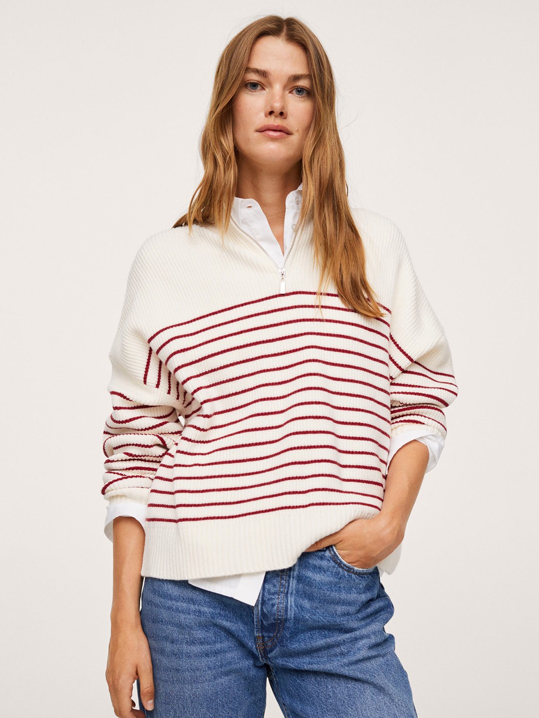 

MANGO Women Off White & Red Striped Pullover