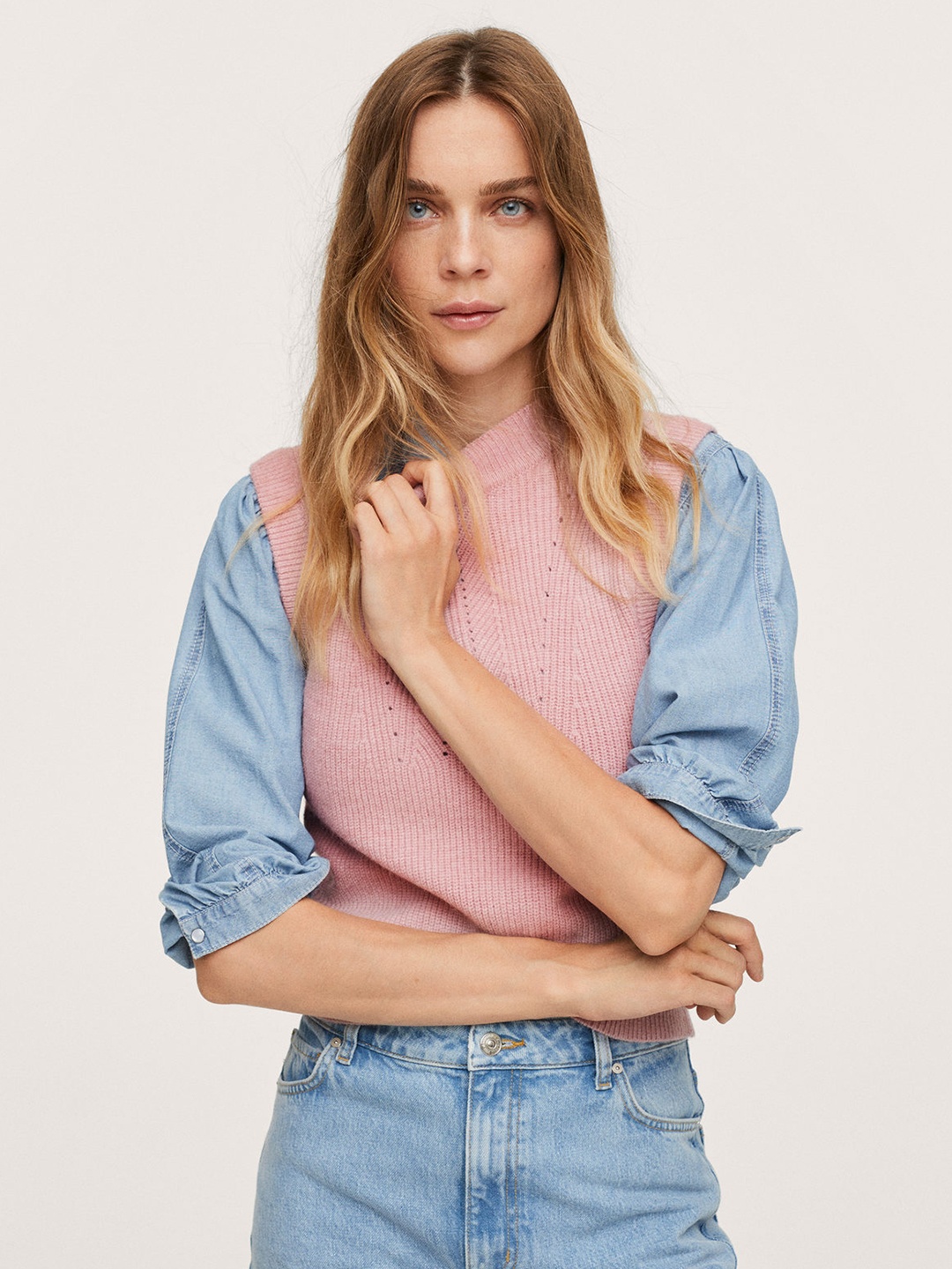

MANGO Women Pink & Blue Sweater Vest