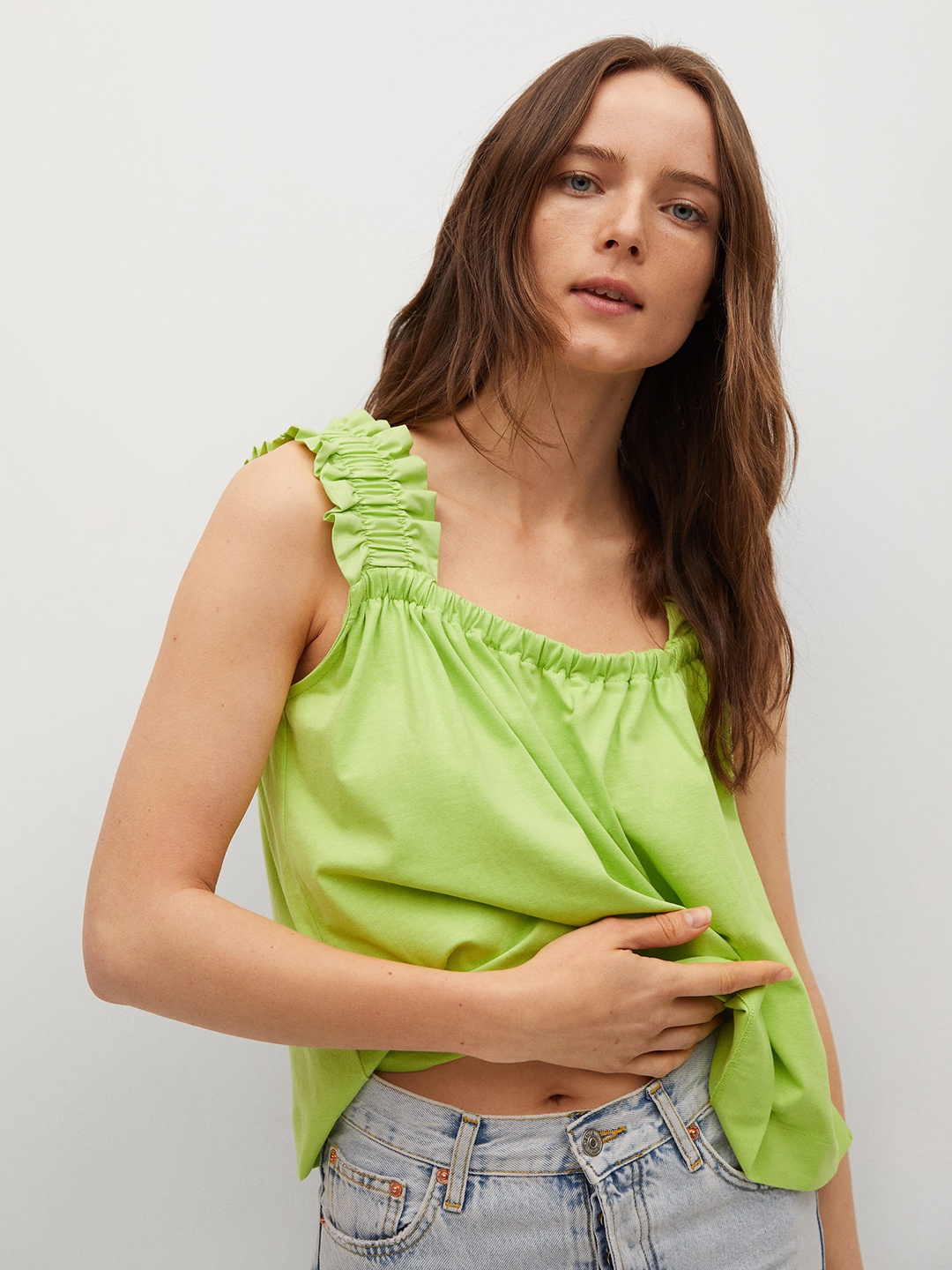 MANGO Lime Green Cotton Regular Top