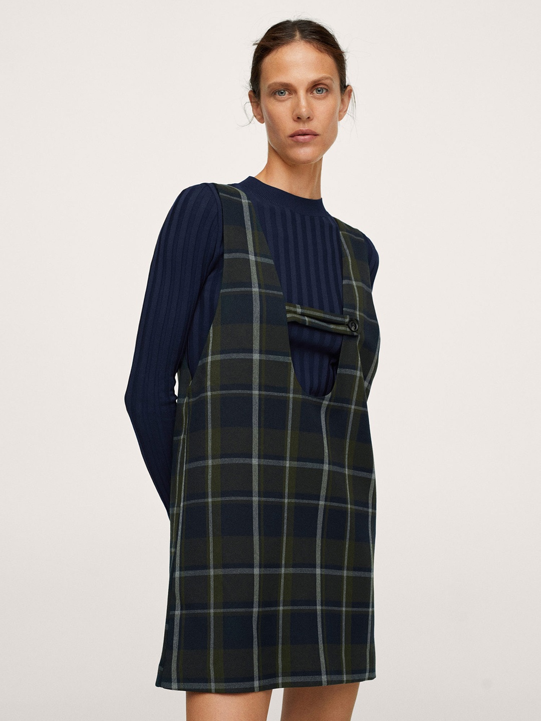 

MANGO Olive Green & Navy Blue Checked Pinafore Mini Dress