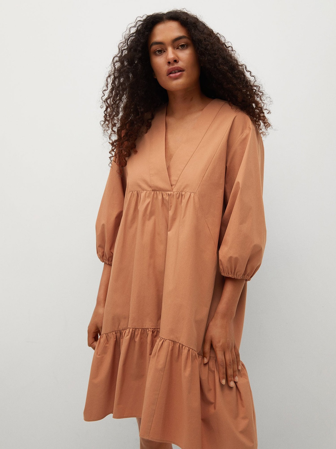 

MANGO Rust Brown Solid V-Neck Tiered A-Line Dress