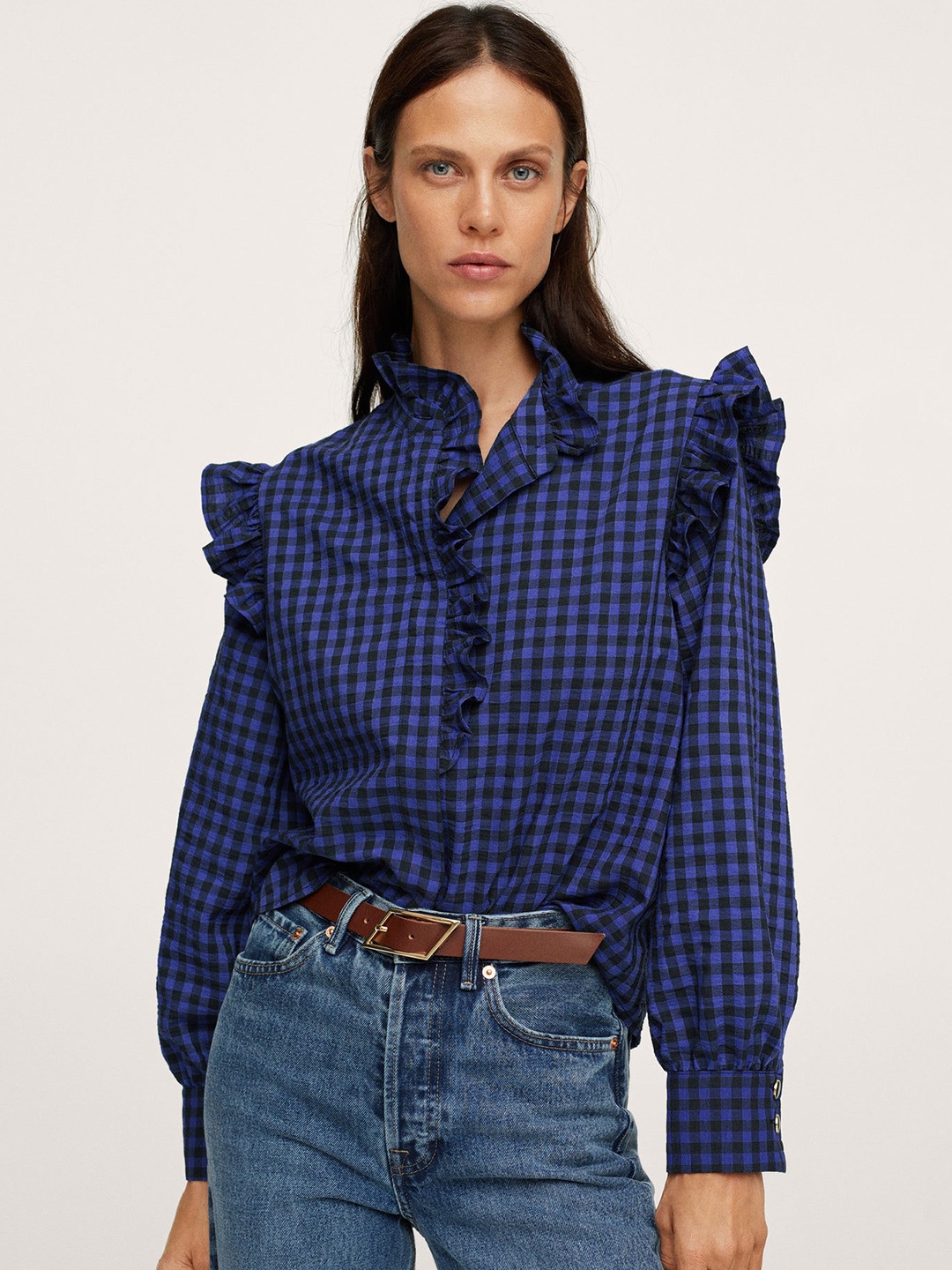 

MANGO Blue & Black Checked Mandarin Collar Ruffles Shirt Style Top