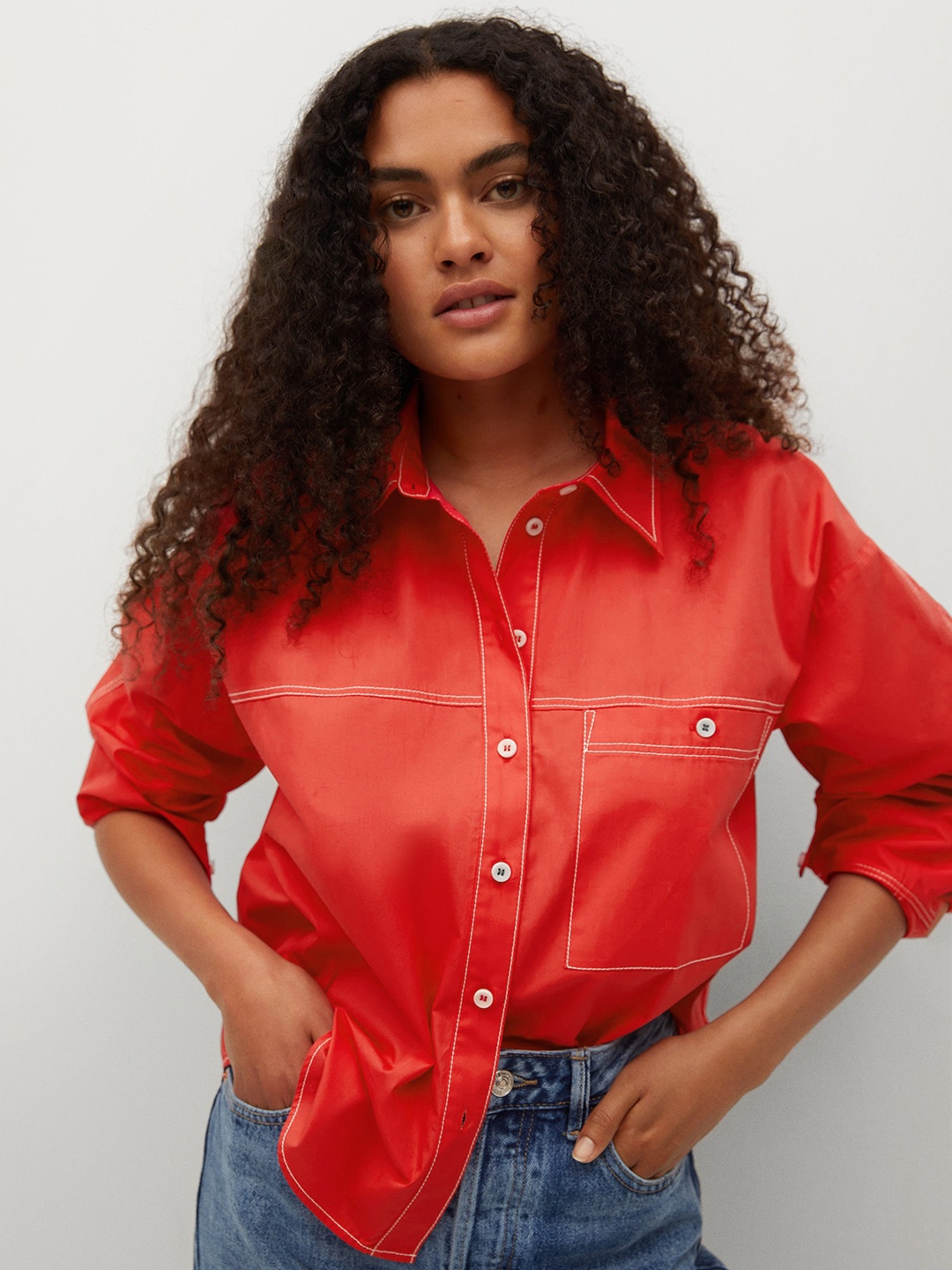 

MANGO Women Red Pure Cotton Solid Casual Shirt