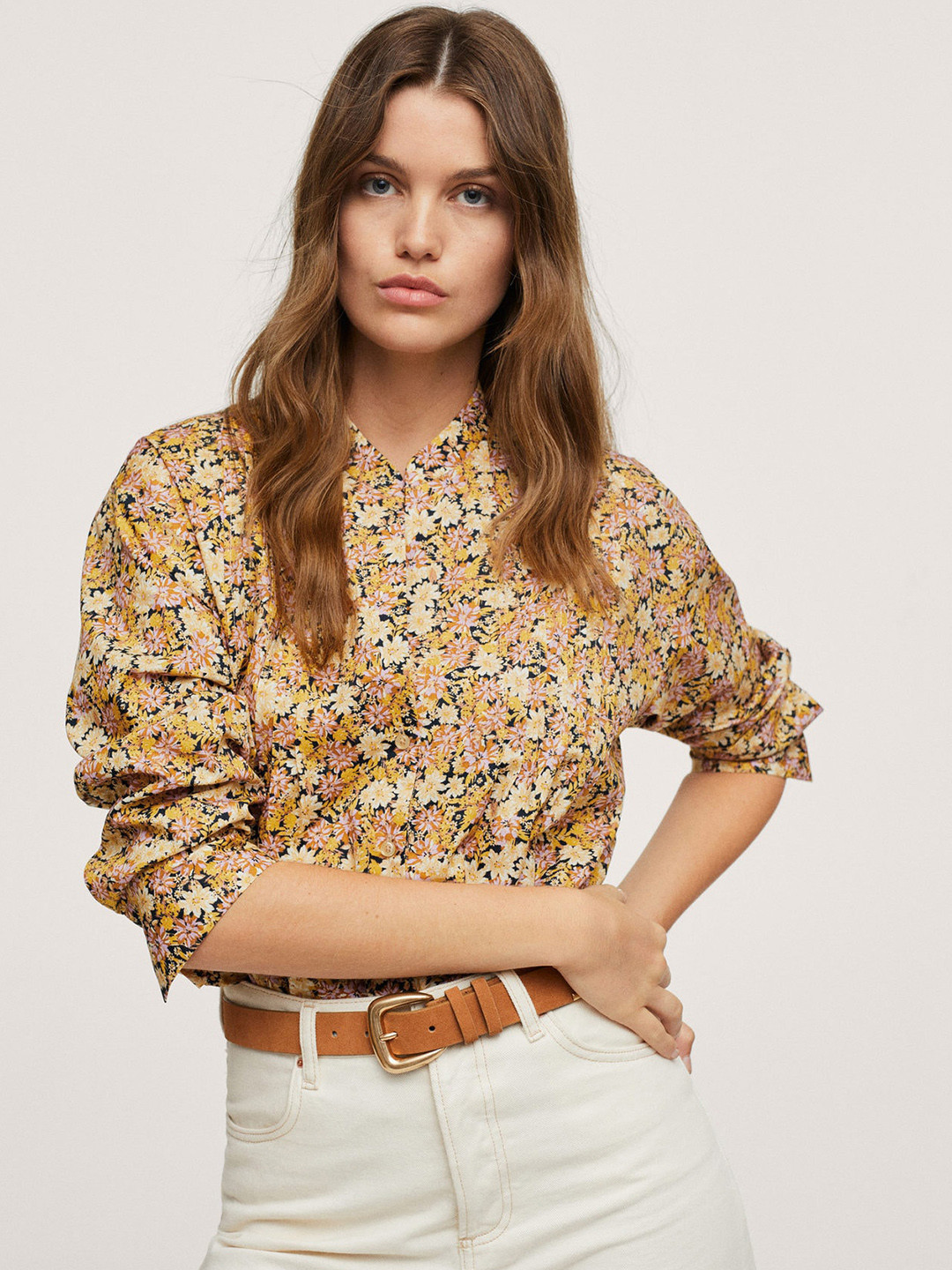 

MANGO Mustard Yellow & Black Floral Print Pure Cotton Shirt