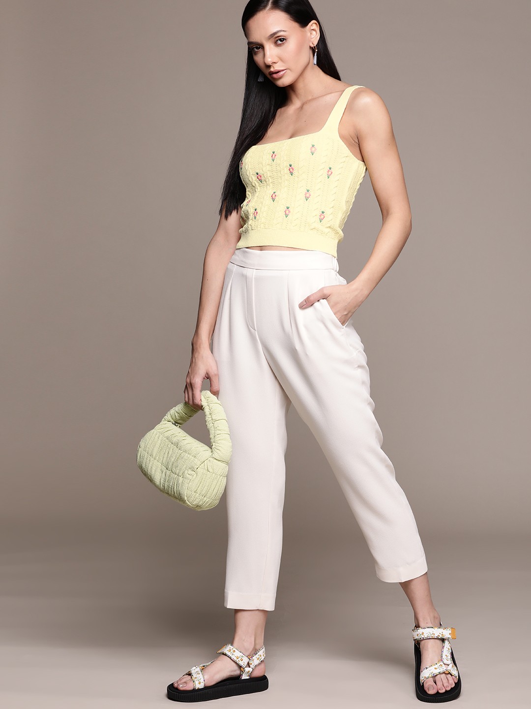 

MANGO Yellow & Pink Embroidered Cable Knit Crop Top