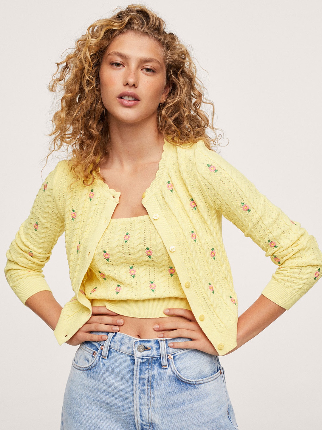 

MANGO Women Yellow & Pink Floral Embroidered Cardigan